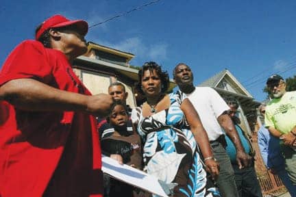 ACORN-Home-Defender-Martha-Daniels-speaks-to-press-outside-Tasha-Albertis-house-foreclosed-evicted-West-Oakland-072109-by-David-Bacon, Foreclosed and evicted in West Oakland, Local News & Views 