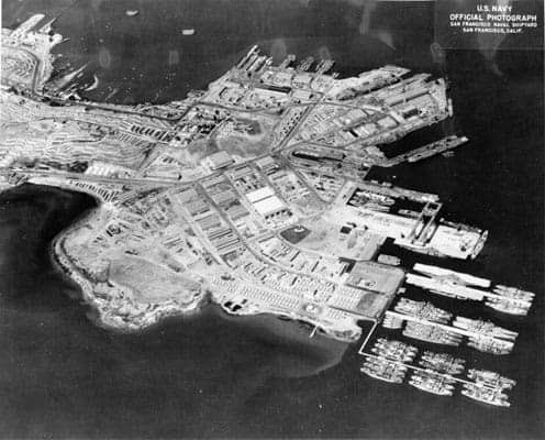 This is an aerial view of the Hunters Point Naval Shipyard in 1948, 