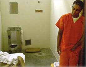 Anthony Hall, 18, spends 23 hours per day in this cell in the supermax prison in Boscobel, Wisc. Judging from letters to the Bay View from prisons throughout the country, Boscobel seems to be one of the worst for Black prisoners. Prison officials there have often refused to deliver the Bay View to subscribers on the excuse that it would “incite a riot.” – Photo: Andy Manis, AP