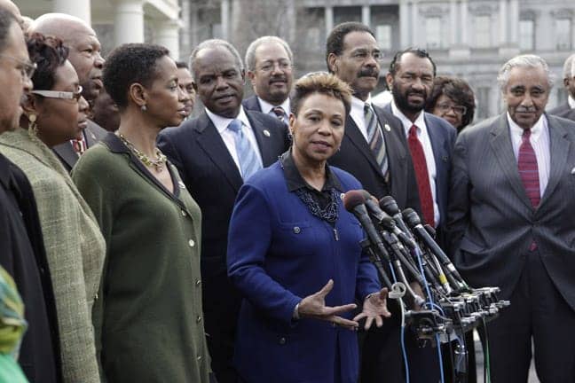 Barbara-Lee-Black-Caucus-press-conference-outside-White-House-after-mtg-with-Obama-022609-by-AP, Wall Street Reform Act, a ‘big, big deal for Black America,’ passes, thanks to Congressional Black Caucus members led by Maxine Waters, News & Views 