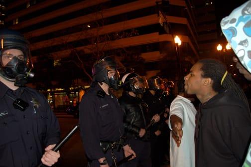 Oakland police repeatedly blocked protesters’ progress as they marched from a 3 p.m. rally Wednesday at the Fruitvale BART station where Oscar Grant had been executed by BART police to downtown Oakland. – Photo: M, IndyBay